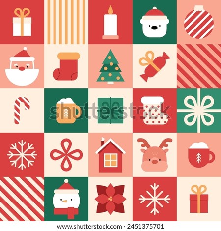 New Year's geometric background with cute faces of Santa, deer, white bear and snowman, traditional Christmas elements and graphics. Vintage mosaic. Winter icons in tiles. Vector Xmas illustration