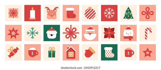 New Year's geometric icons in tiles. Cute Santa face, deer, white bear and snowman, traditional Christmas elements, ornaments and abstract graphics. Scandinavian art. Vector Xmas illustration