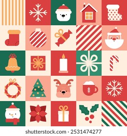 New Year's geometric pattern with cute faces of Santa, deer, white bear, snowman and traditional Christmas elements and graphics. Vintage mosaic background. Vector Xmas illustration in tiles.