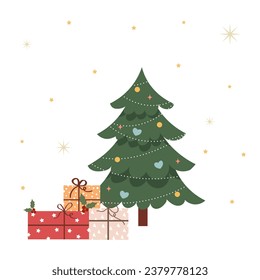 New Year's gift boxes packed in a festive kraft package with a Christmas tree decorated with balls and stars. Christmas elements on a white isolated background. Flat vector illustration for print.	