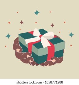 New Year's gift in hands.
Vector image of a surprise box in green tones with stars in flat style. Ideal for postcards, posters, tabloids, social media and web designs.