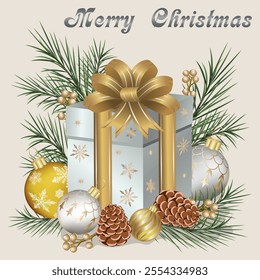 New Year's gift in illustration.Vector illustration with gift box, Christmas tree balls and pine branches.