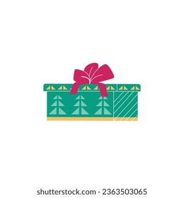 New Year's gift from secret santa. Surprise box wrapped in green paper with drawings of a Christmas tree and with bow. Vector illustration merry christmas and new year symbol isolated on white