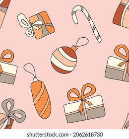 New Year's gifts and decorations. Hand-drawn vector pattern in flat style. Merry Christmas! Illustration for the design of wrapping paper, fabric, packaging. Warm pastel colors