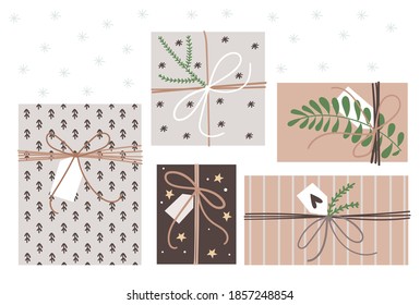 New Years gifts in eco-friendly packaging. Scandinavian style gift boxes. Craft paper.Holiday mood.