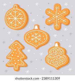 New Year's gingerbread. Christmas tree, snowflake, christmas balls. Homemade Christmas cookies with white sweet sugar glaze. Cute cartoon illustrations for Christmas cards, banners, posters.