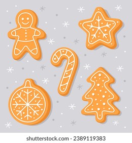 New Year's gingerbread. Christmas tree, christmas balls, gingerbread man, star, candy. Homemade Christmas cookies with white sweet sugar glaze. Cute cartoon illustrations for Christmas cards.