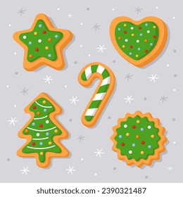 New Year's gingerbread. Christmas tree, star, heart, striped candy. Homemade Christmas cookies with green sweet sugar glaze. Cute cartoon illustrations for Christmas cards, banners, posters.