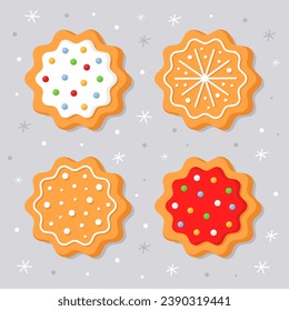 New Year's gingerbread cookies with different decor. Homemade Christmas cookies with sweet sugar icing. Cute cartoon illustrations for Christmas cards, banners, posters. Vector illustration.