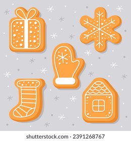 New Year's gingerbread cookies. Gingerbread house, snowflake, gift box, mitten, christmas sock. Homemade Christmas cookies with sweet sugar glaze. Cute cartoon illustrations.