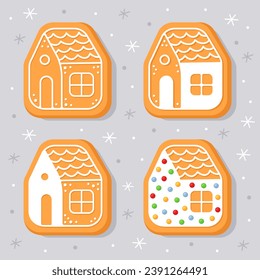 New Year's gingerbread cookies in the shape of gingerbread houses. Homemade Christmas cookies with sweet sugar glaze. Cute cartoon illustrations for Christmas cards, banners, posters.