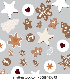 New Year's gingerbread men, trees, snowflakes, hearts, garlands, gingerbread. Vector illustration