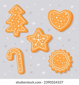 New Year's gingerbread. Striped candy, star, round cookies, christmas tree, heart. Homemade Christmas cookies with white sweet sugar glaze. Cute cartoon illustrations for Christmas cards.
