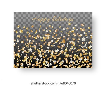 New Year's glossy cover of a brochure with falling stars of confetti for festive decoration on a transparent backdrop