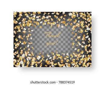 New Year's glossy invitation card for a birthday with falling golden stars of confetti for a festive decoration on a transparent backdrop