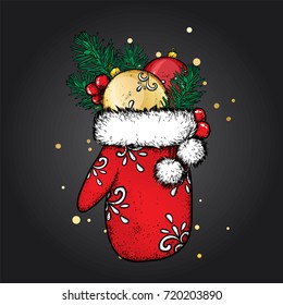 New Year's glove with patterns and fur and spruce branches with balls. Vector illustration. Design a Christmas card or a poster with a mitten of Santa.