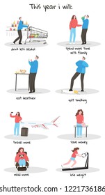  New Year's goals, colorful illustration, flat style. Man and woman making resolution list. Drink less, eat healthier, lose weight, spend more time with family, travel more, save money, quit smoking.