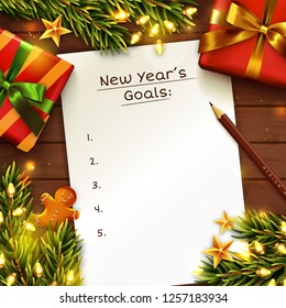 New Year's goals concept background with paper sheet. Wooden table decorated with gift box, Christmas tree branches and garland lights. To do list with place for text. Top view. Vector template.

