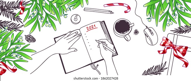 New Year's goals and resolutions concept background. Flay lay with Christmas symbols. Top view table workspace decorated with gift box, Christmas tree branches. Vector cartoon illustration to do list.