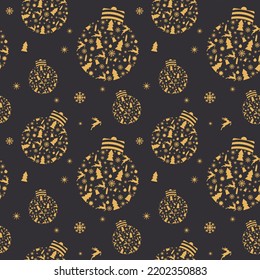 New Year's golden pattern of Christmas balls with elements on a black background New Year's seamless pattern for design and packaging. Vector illustration.