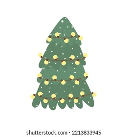 New Year's green Christmas tree with a glowing garland. Cute and cozy vector illustration. For a holiday card, banner, menu, flyer
