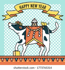 New year's greeting card, 2021 year of cow, Japanese 