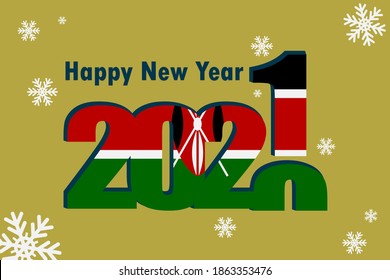 New year's greeting card 2021. Demonstrates the element of the flag of Kenya holiday inscription and snowflakes. It can be used as a banner-flyer, postcard, website, or national greeting.