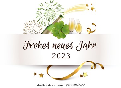 New Year's greeting card 2023 with champaign bottle, clover,  fireworks and golden ribbons
