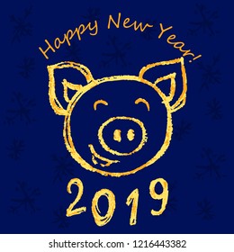 New Year's greeting card, banner, flyer. Happy New Year. 2019. Children's drawing wax crayons. Pig, snowflake