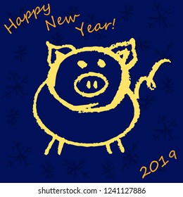 New Year's greeting card, banner, flyer. Happy New Year. 2019. Children's drawing wax crayons. Pig