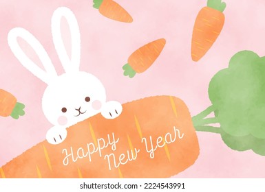 new years greeting card with carrots and a rabbit, the Chinese or Japanese zodiac sign for 2023