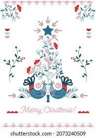 New year's greeting card. Christmas ornament in Scandinavian style. bird in decorative tree design in winter forest with vintage and abstract botanical style. Vector illustration.