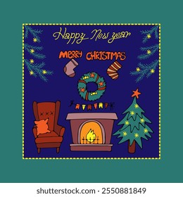 New Year's greeting card colored with a fireplace and a Christmas tree, hand-drawn in a cartoon style.