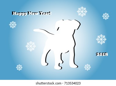 New Year's greeting card with dog and snowflakes on a blue background