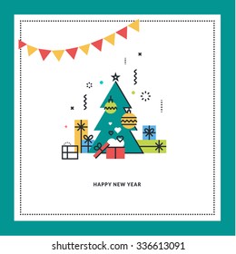 New Year's greeting card. Flat line design vector illustration.
