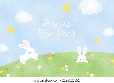 new years greeting card with a flower garden and rabbits, the Chinese or Japanese zodiac sign for 2023 or easter greeting card