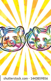 new years greeting card of funky two rats ,yellow radial background,Japanese zodiac, for Portrait format