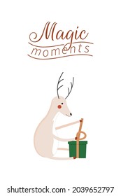 New Year's greeting card. A funny deer unties the ribbon on the gift box. Text Magic Moments. Cute reindeer. Cartoon animal. Flat poster. Simple print. Winter. Vector illustration. White background.