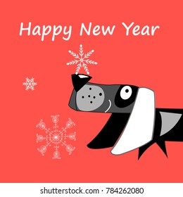 New Years greeting card with funny dogs on a red background with snowflakes