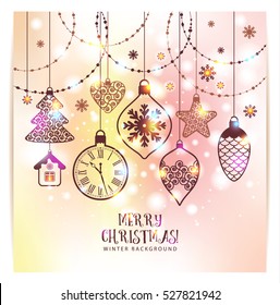 New Year's greeting card merry Christmas. Bright New Year's toys on a soft background with snowflakes.
