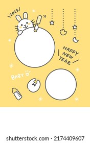 New Years Greeting Card Of Rabbit In 2023. Baby Announcement Template.