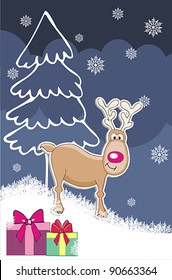 New Year's greeting card with reindeer and gifts