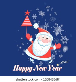 New Year's greeting card with Santa Claus Frost on a blue background with snowflakes
