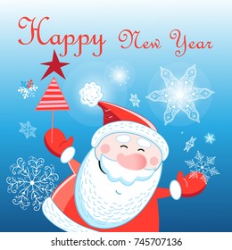 New Year's greeting card with Santa Claus Frost on a blue background with snowflakes