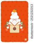 new years greeting card with a snake shaped Japanese Kagami mochi, the Chinese or Japanese zodiac sign for 2025