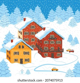 New Year's greeting card. Snow-covered village against the background of a coniferous forest. Bright houses, a road with a car, a snowman, Christmas trees. Winter. Snowing. Christmas mood.