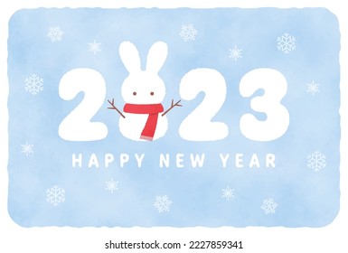 new years greeting card with a snowman of rabbit, the Chinese or Japanese zodiac sign for 2023