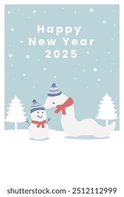 New Year's greeting card with a snowman and a snake