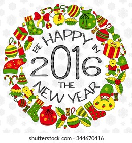New Years greeting card with text be happy in New Year 2016 and wreath with many winter doodles. Santa, toys, cookies, snowmen, fir, candies, socks, gifts, bows, snowflakes, hollies, mittens.