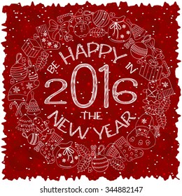 New Years greeting card with text be happy in New Year 2016 and wreath with many winter doodles. Santa, toys, cookies, snowmen, fir, candies, socks, gifts, bows, snowflakes, hollies, mittens.